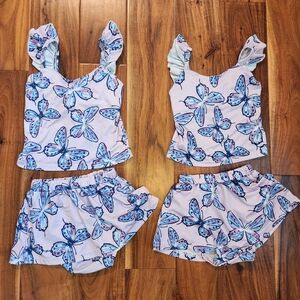 Twin Girl Bundle!  2 Butterfly Print Ruffle Top and Skirt Set, 2T.